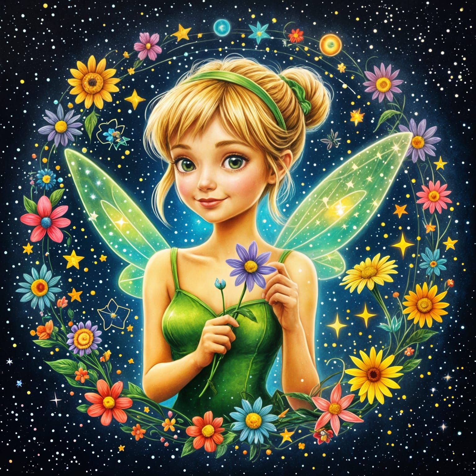 Tinkerbell Portrait with Flowers in Colored Pencil Style