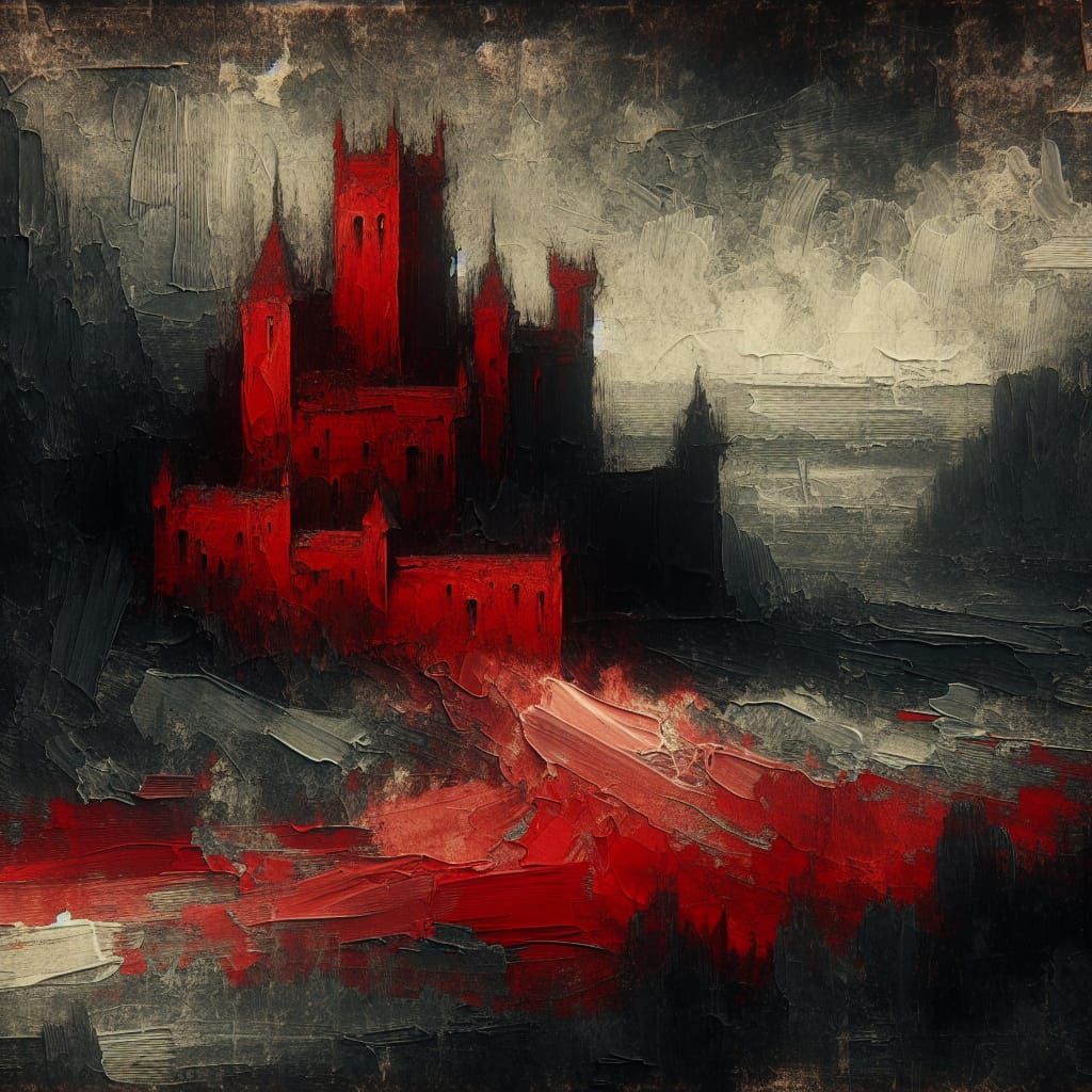 Melancholy Red Castle in Dark Landscape