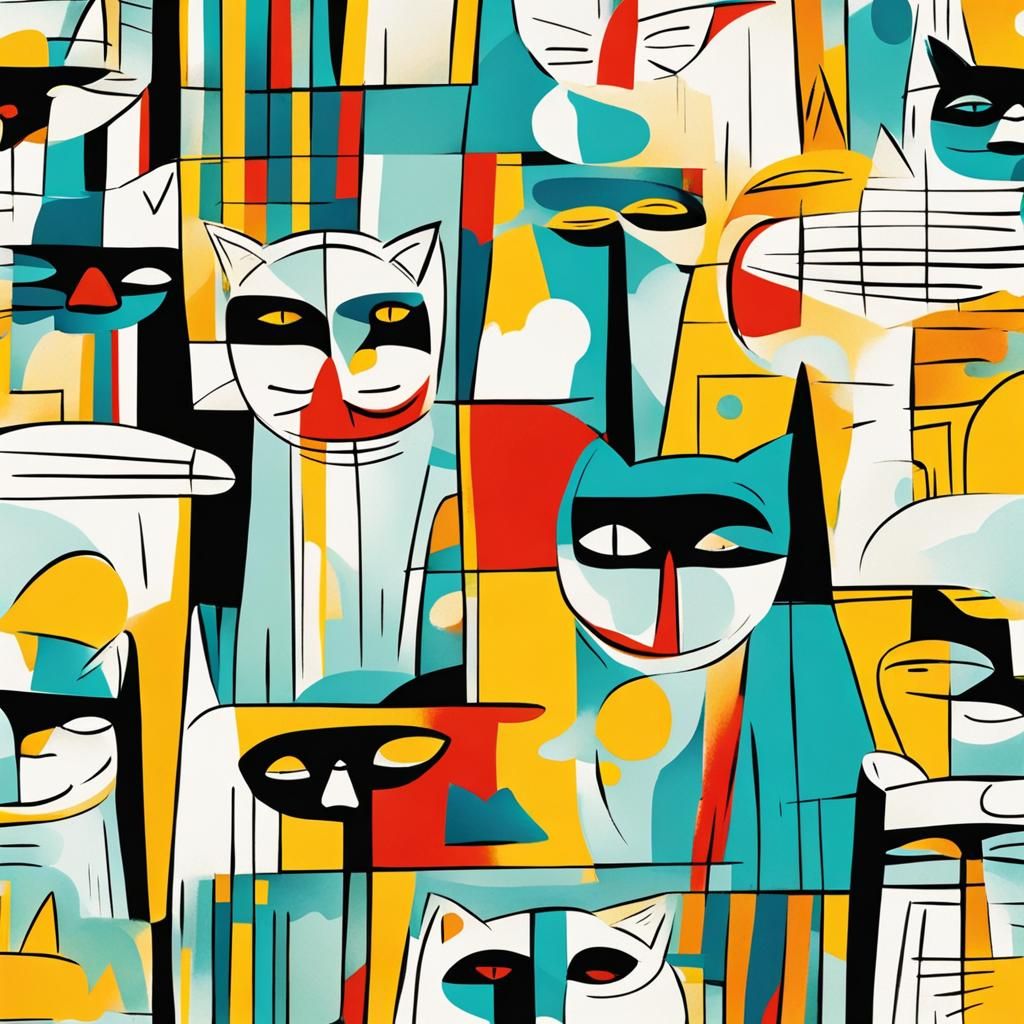 Vibrant Abstract Cats Dance in Sunshine, Inspired by Cubism