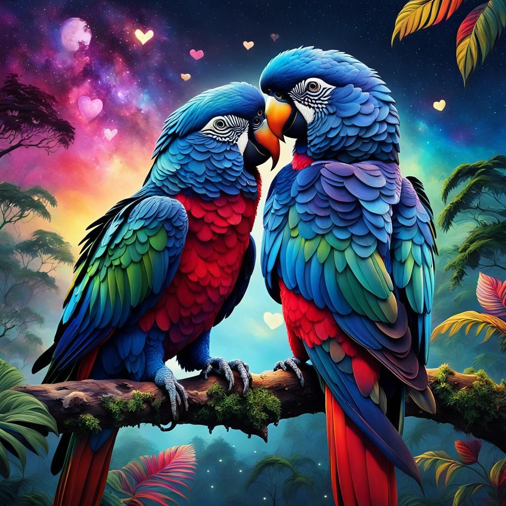 Parrots in Love, Floating Hearts, and Mystic Forest