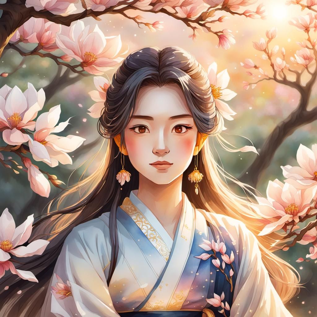 Ethereal Lady in Hanfu Amidst Vibrant Magnolia Blooms, Water...
