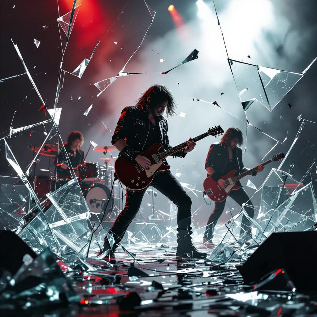 Rock Band Shattered Glass Concert in Retro-Futuristic Style