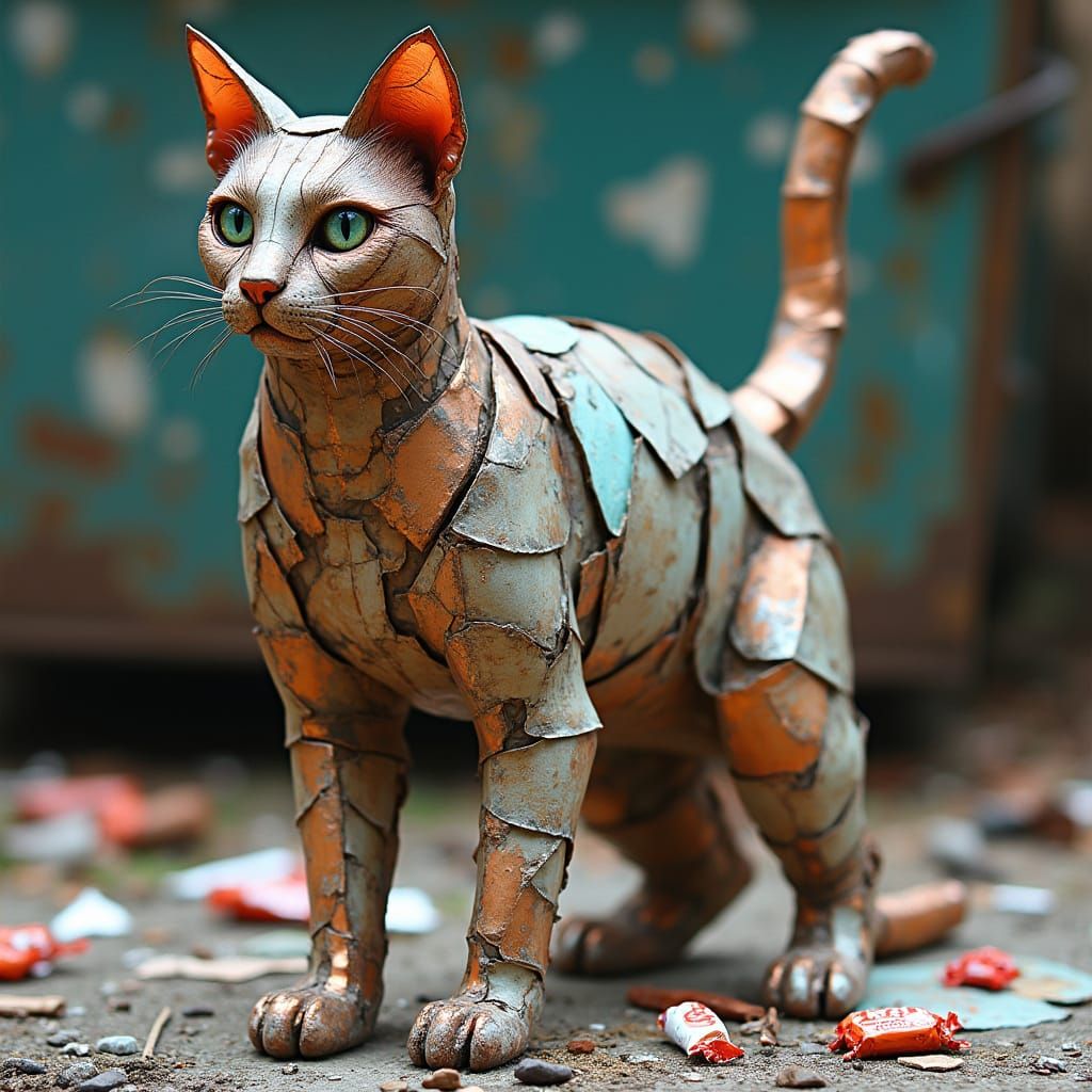 Assemblage Sculpture of a Cat Made from Shattered Glass and ...