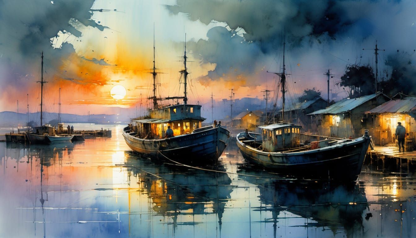 Watercolor Masterpiece of a Fish Boat at Sunset