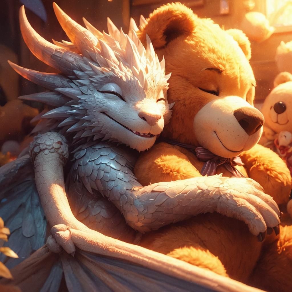 Surreal Dragon Hugs Giant Teddy Bear in WLOP Style