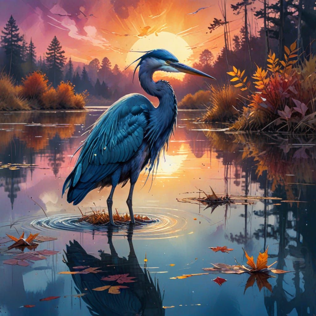 Azure Heron on Autumn Lake: Digital Watercolor Illustration