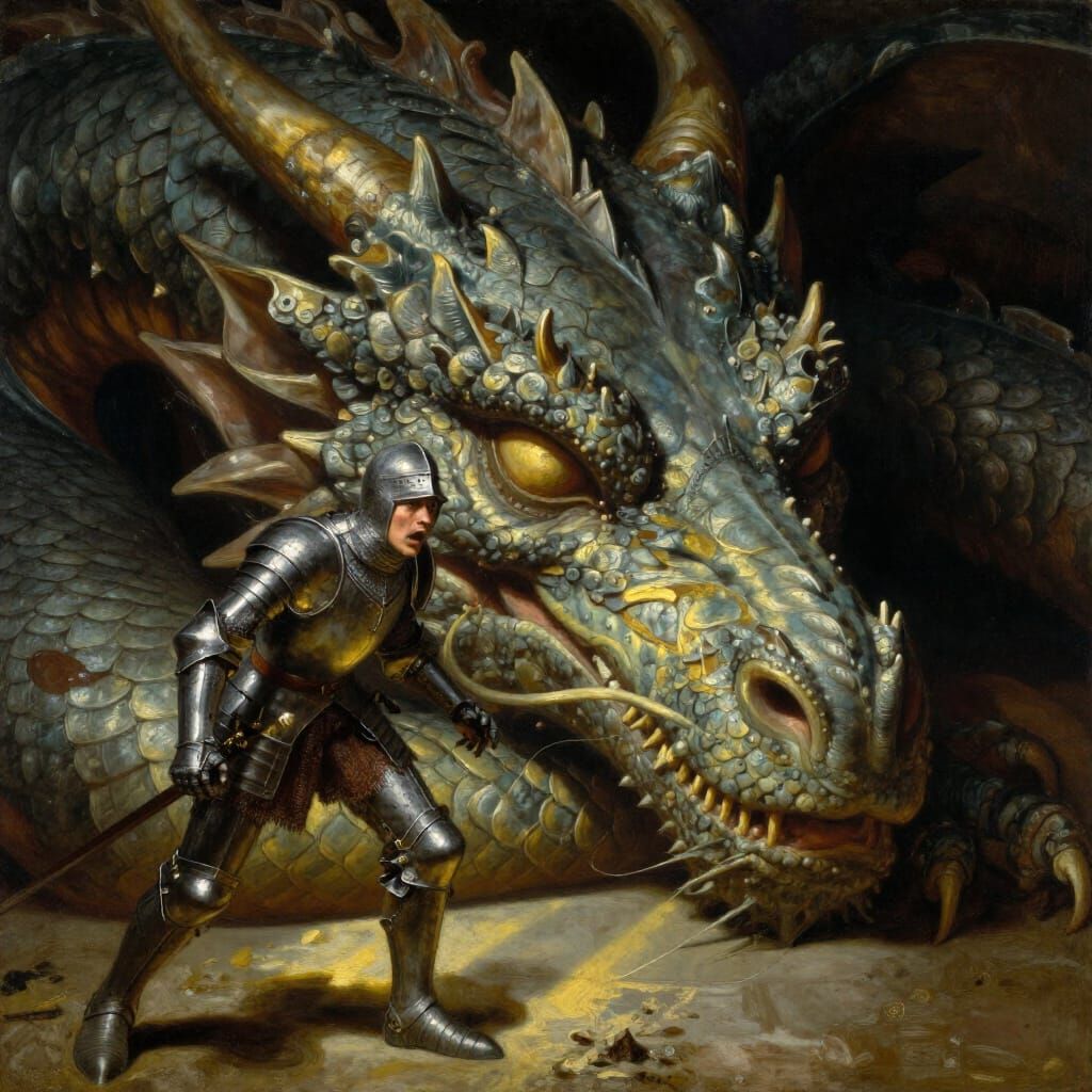 Sleeping Dragon and Nervous Knight in Hyperrealistic Oil Pai...