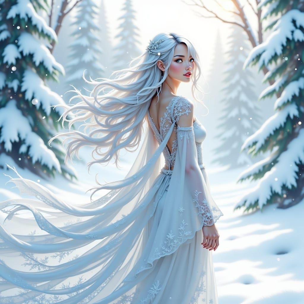 Serenely Radiant Anime Goddess in Snowy Paradise