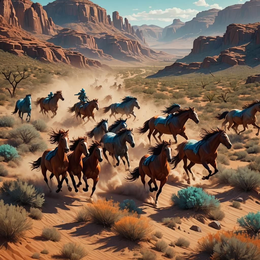 Surreal Desert Horses Gallop at Sunset