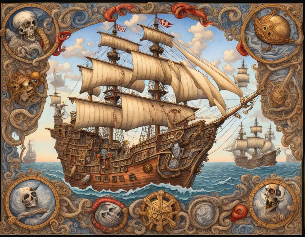 Ghost Pirate Ship in Arthur Szyk Style