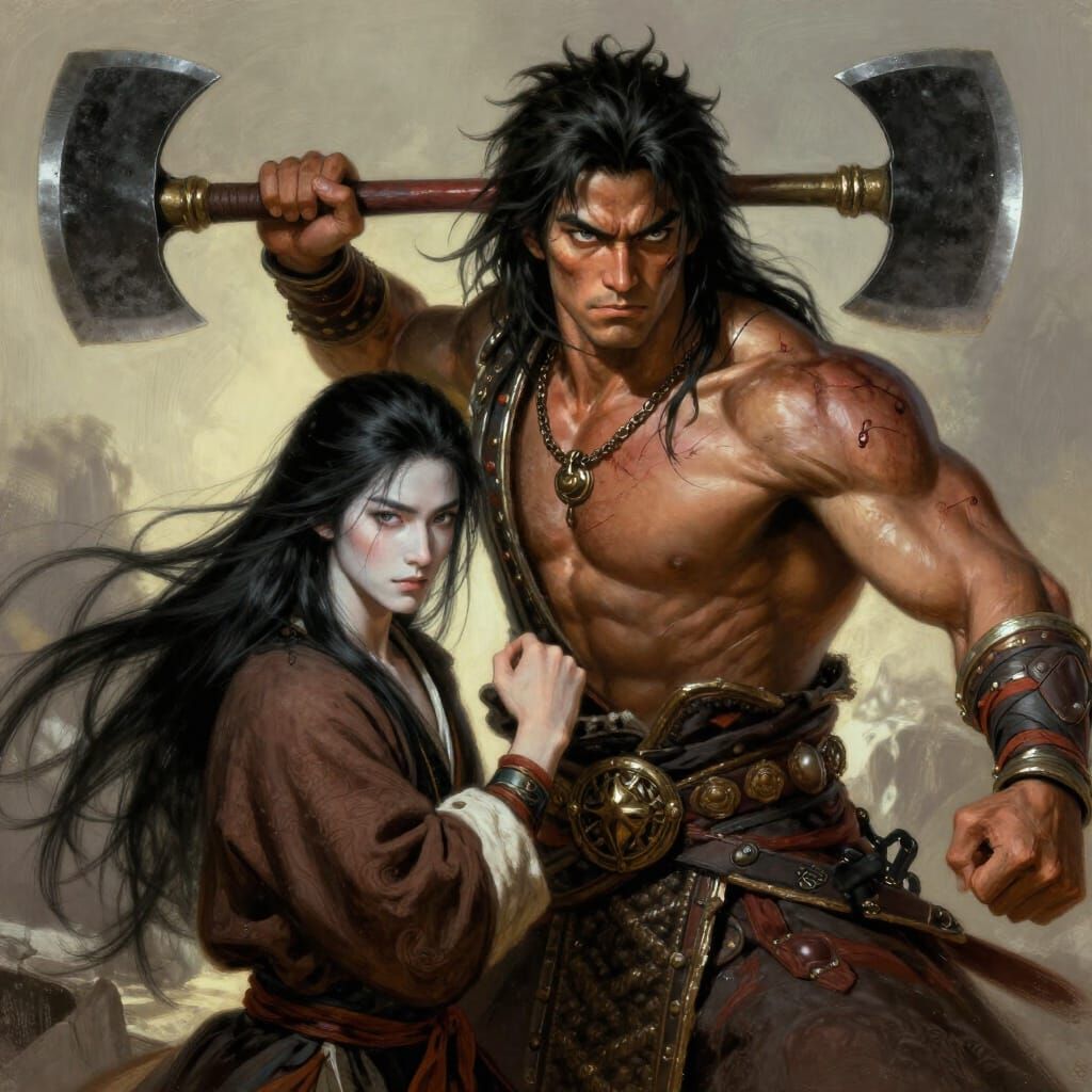 Epic Fantasy Warrior Defends Asian Man, Axe in Hand