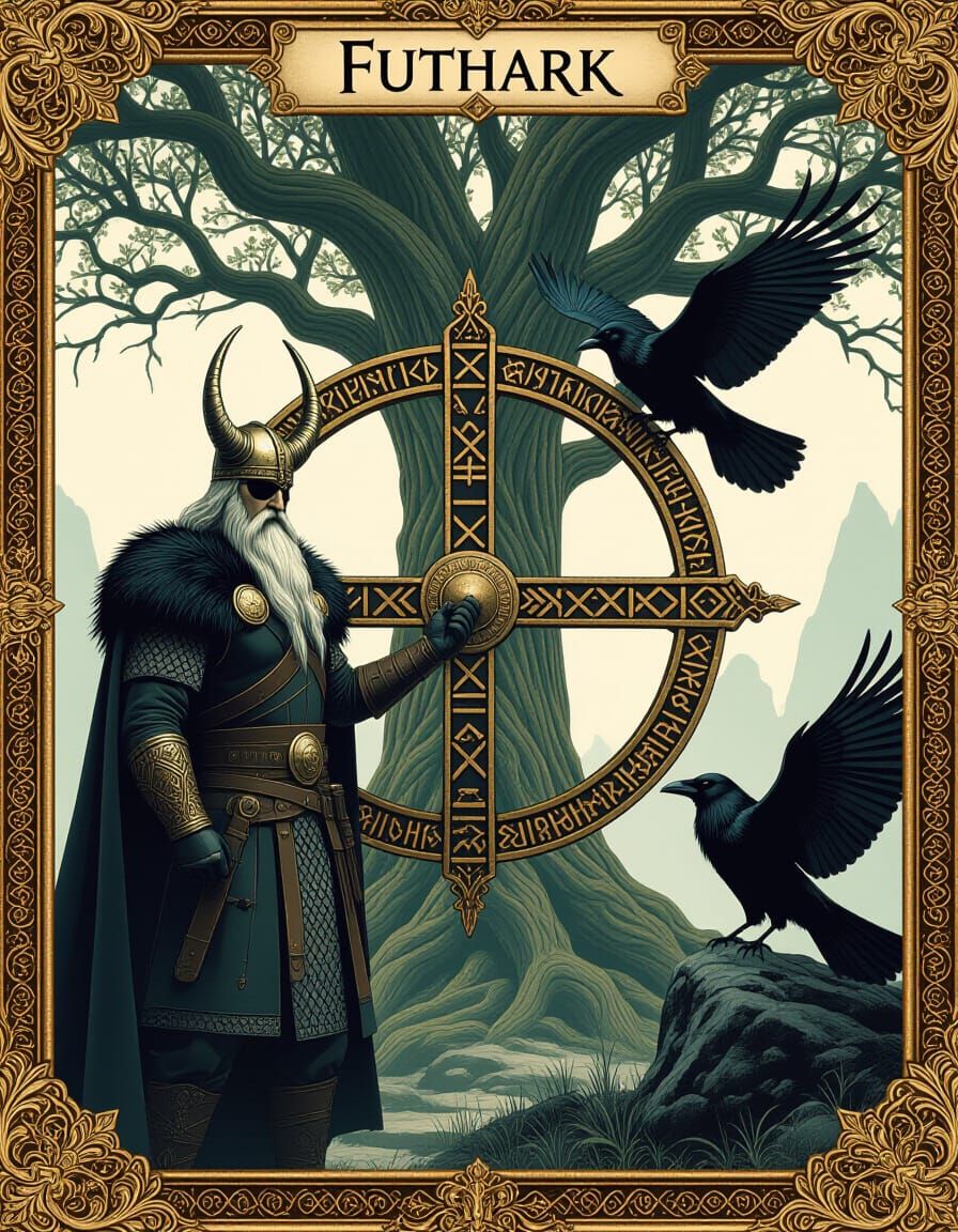 Odin, Huginn and Muninn, Yggdrasill, and the Futhark Runewhe...