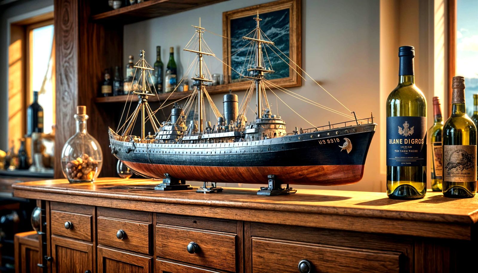 Warships Engaged in Epic Sea Battle within a Wine Bottle