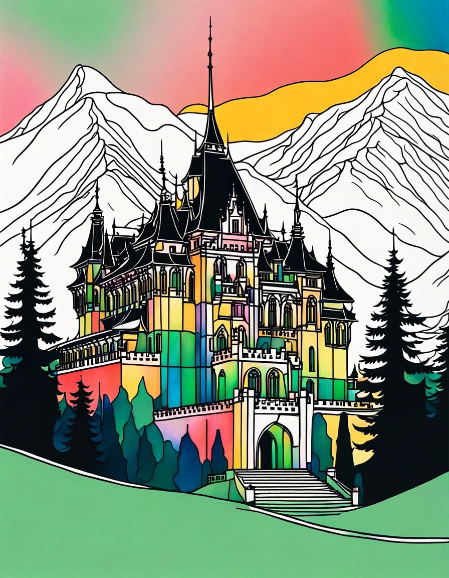 Minimalist Japandi Art of Peles Castle under Northern Lights