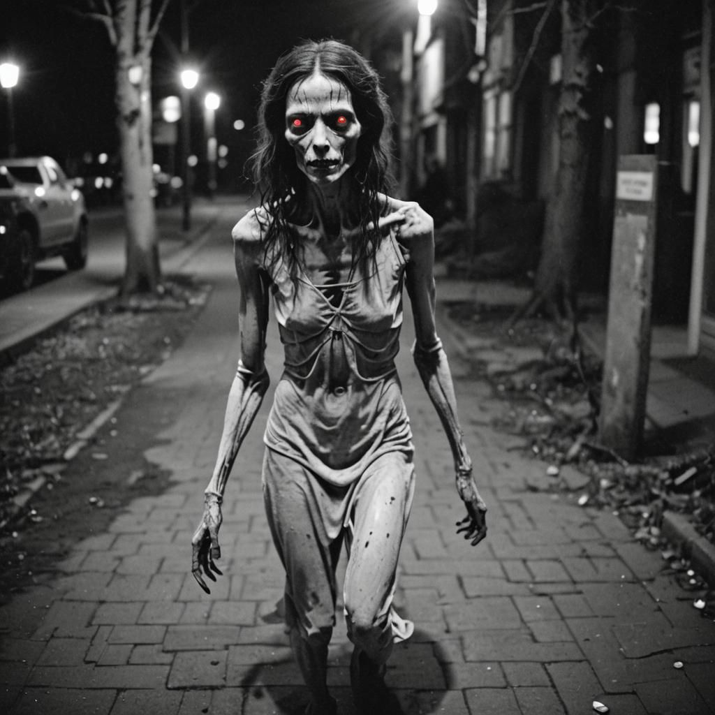 Fashionably Elusive Cryptid Woman in Black and White Securit...