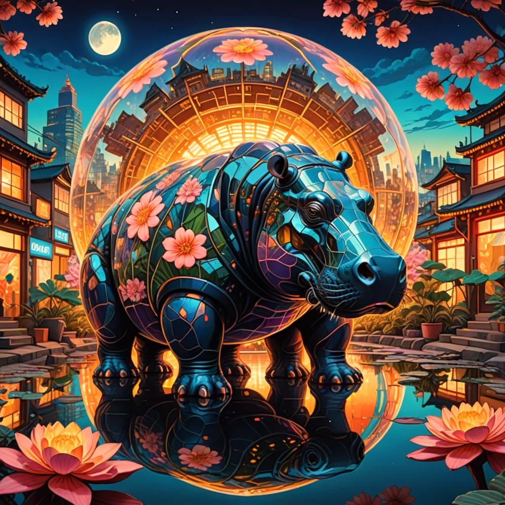 Surreal Cityscape Inside Giant Hippo as Oil Painting