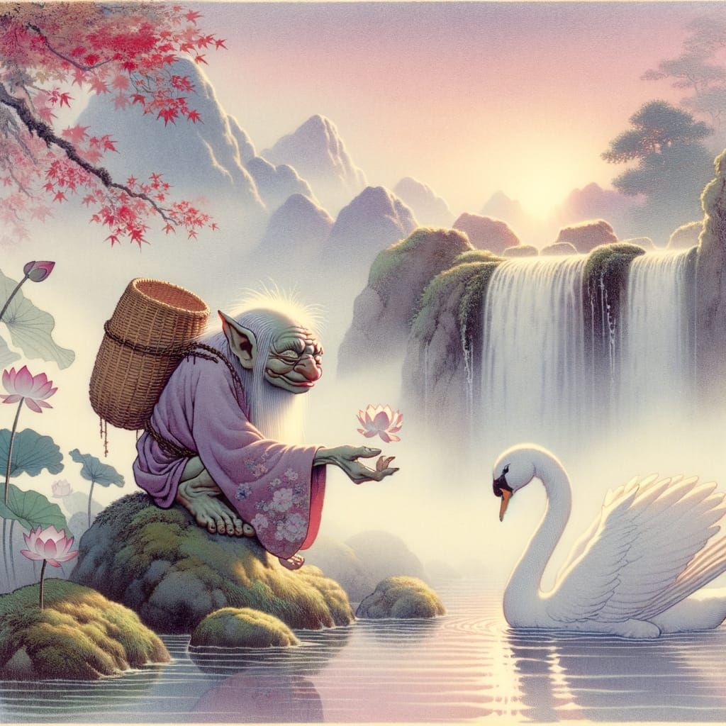 Gremlin and Swan Dreamscape in Ukiyo-e Style