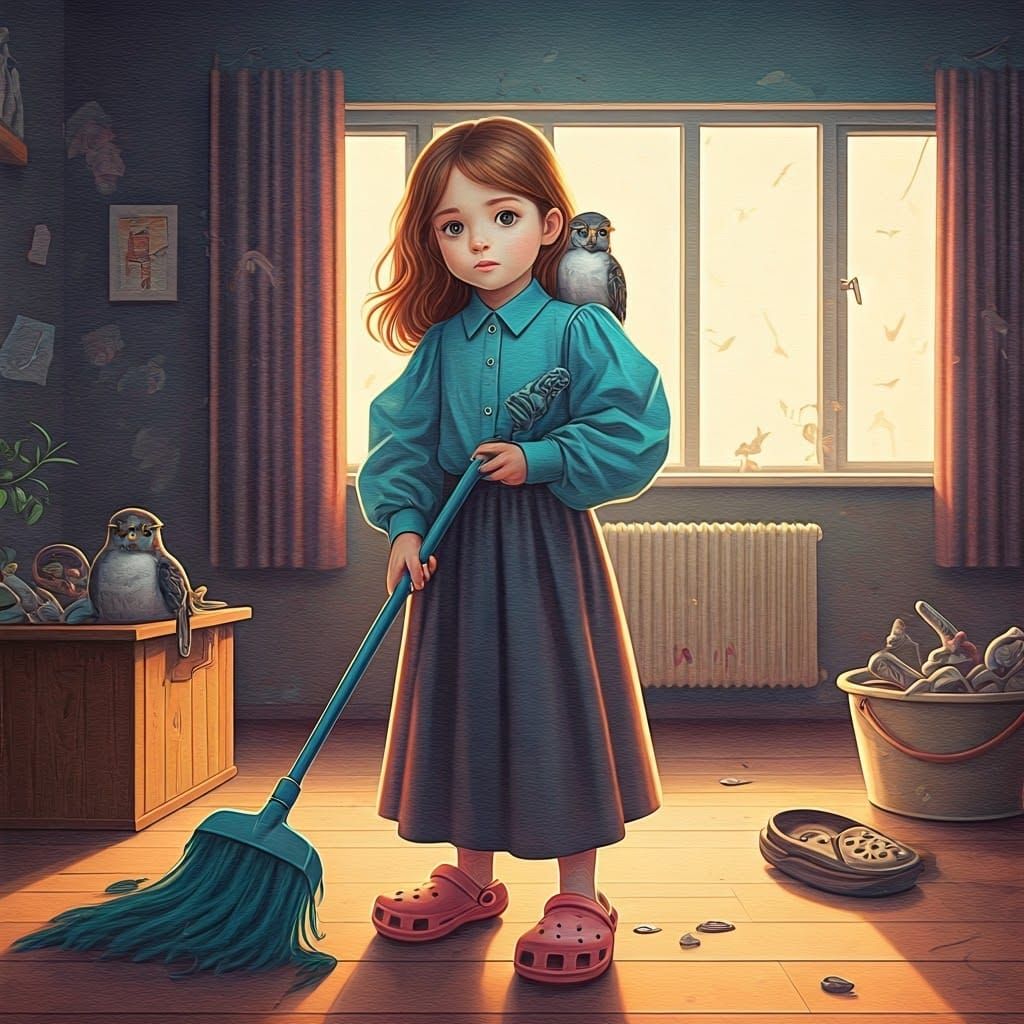 Little Girl in Whimsical Cleaning Scene