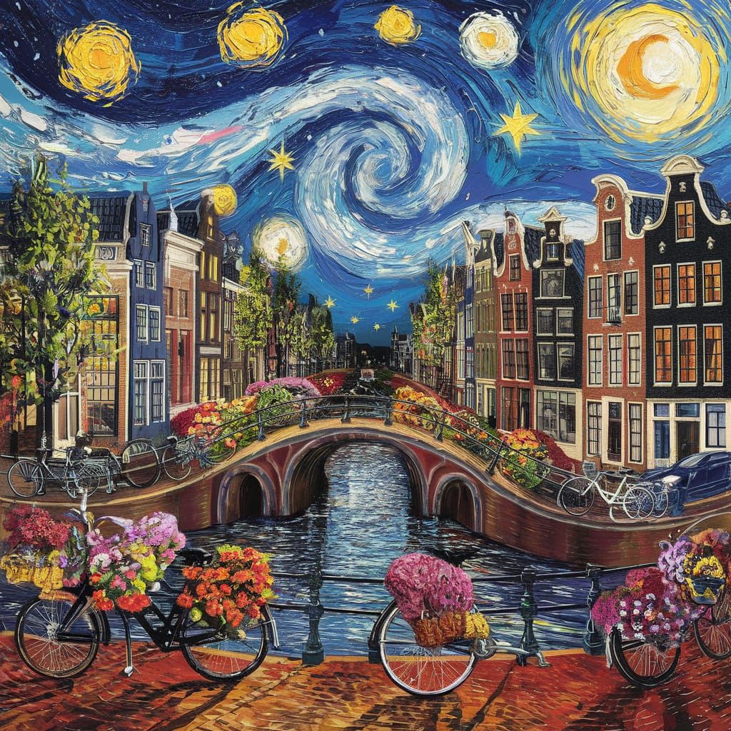 Surreal Amsterdam Nightscape Van Gogh Style Oil Painting