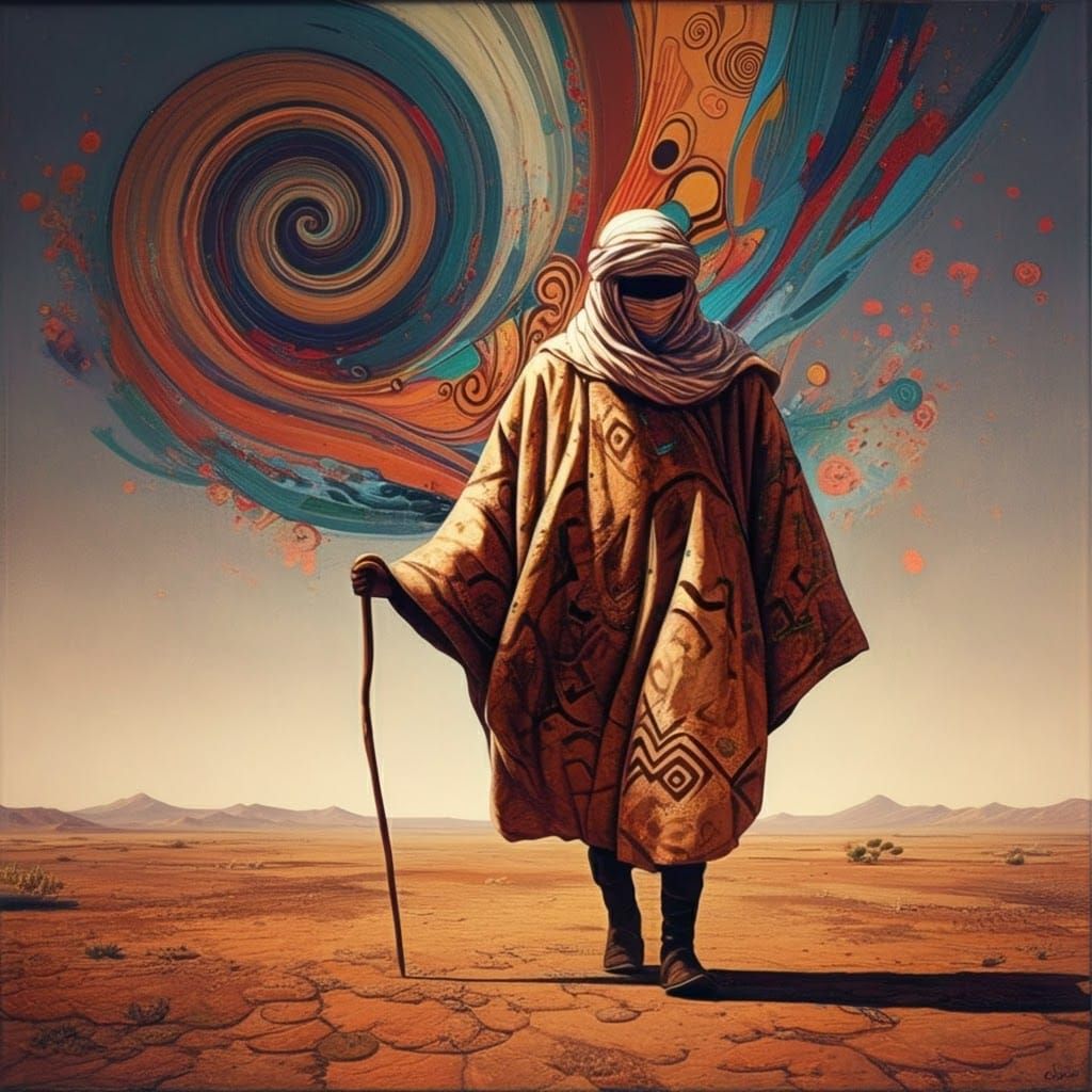 Nomadic Wanderer in Vibrant Desert Landscape