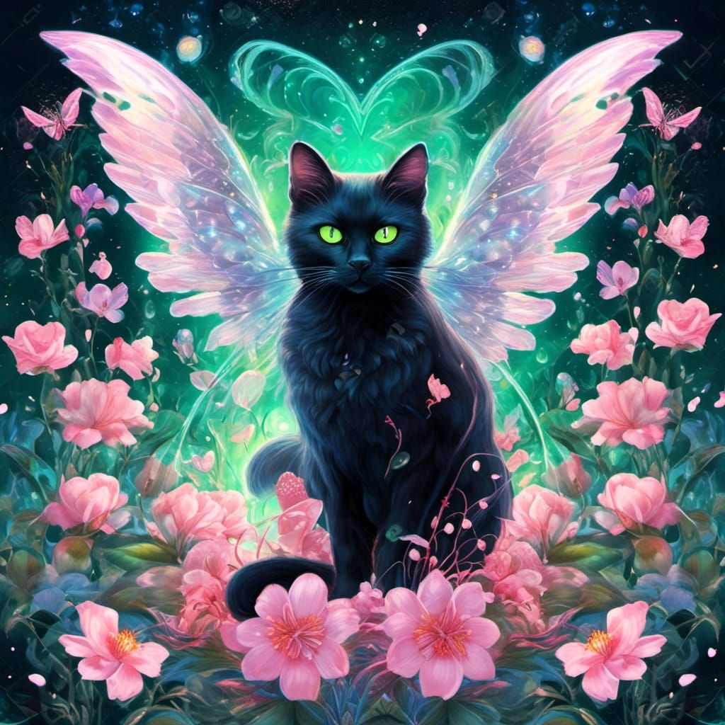 Celestial Black Cat in Whimsical Floral Wonderland