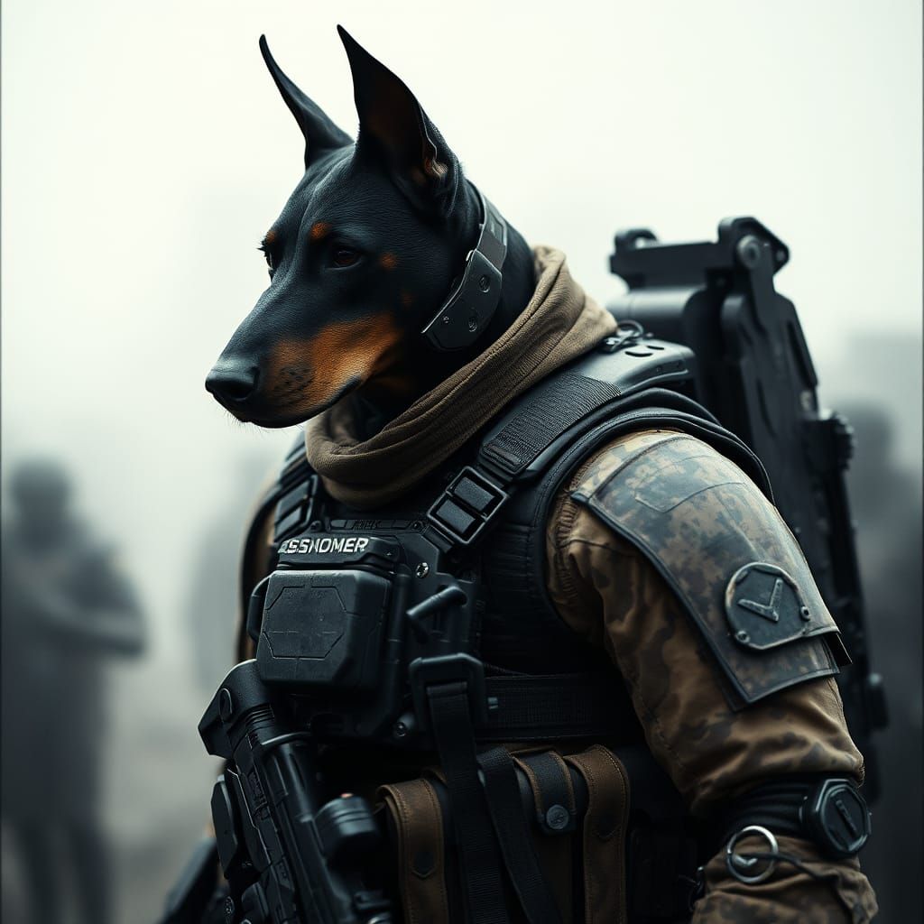 Hyper-Realistic Doberman Warrior in Earth-Toned Camouflage