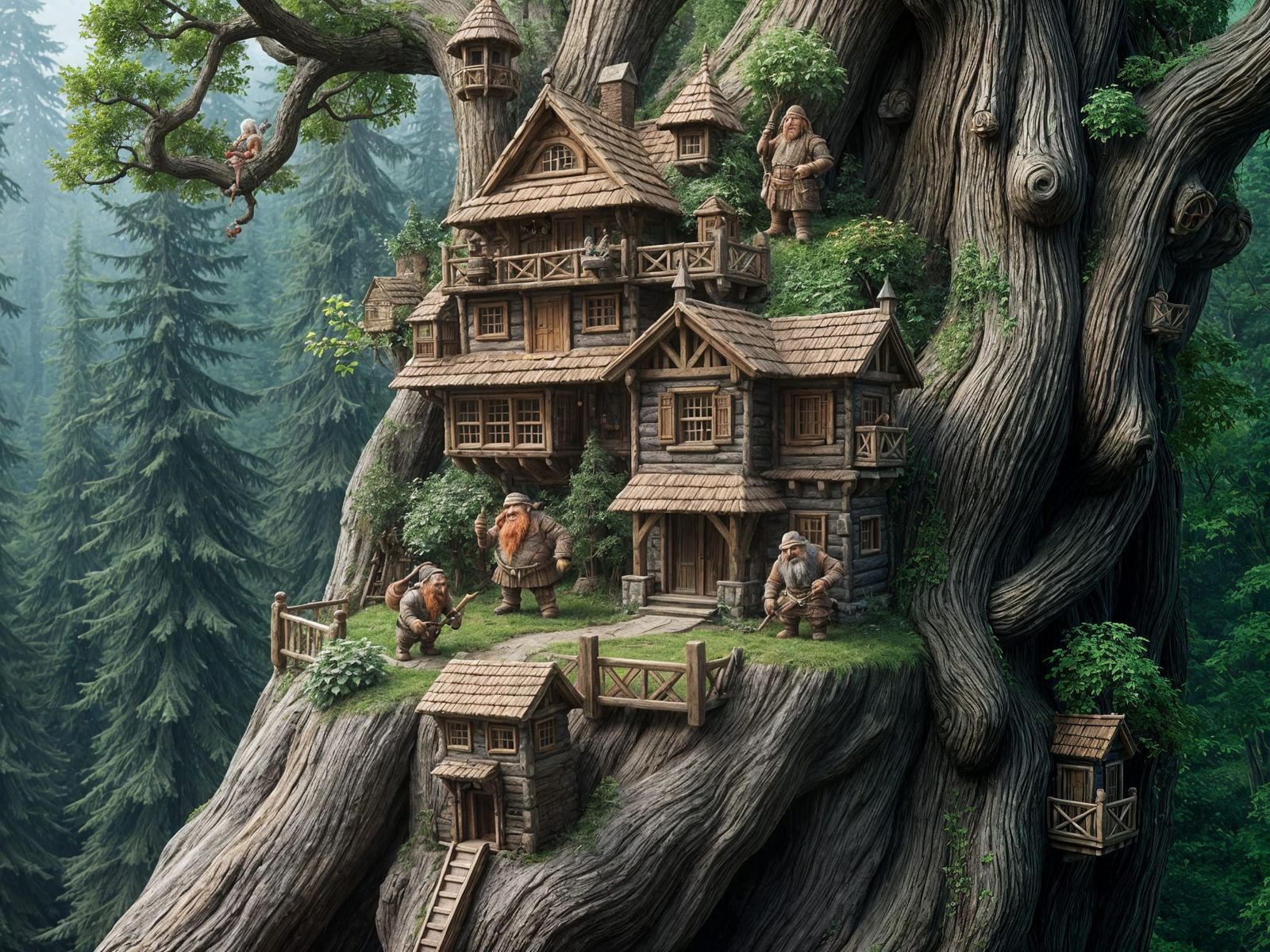 Dwarves Build Whimsical Treehouse Village in Digital Art