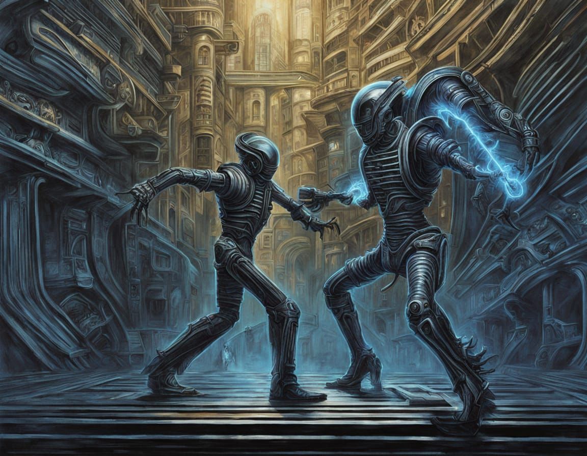 Cyborgs Dance Futuristic Tango in Exaggerated Art Deco Style