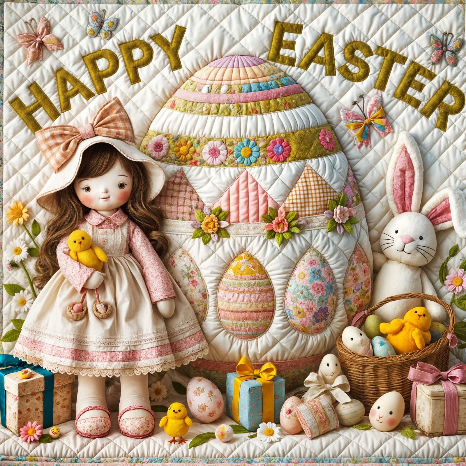 Whimsical Easter Scene in Quilted Patchwork Style