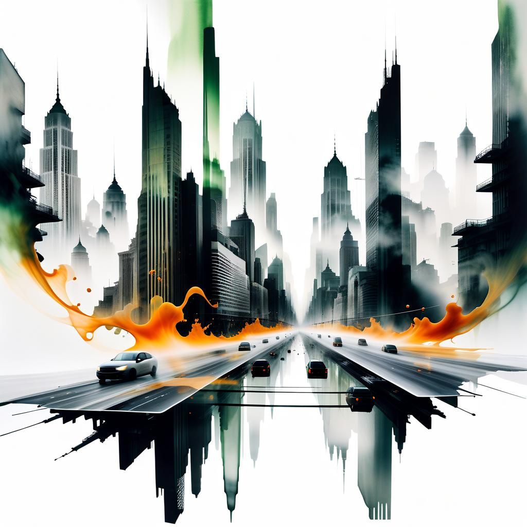 Vibrant Abstractions Clash with Bleak Dystopian Landscapes i...