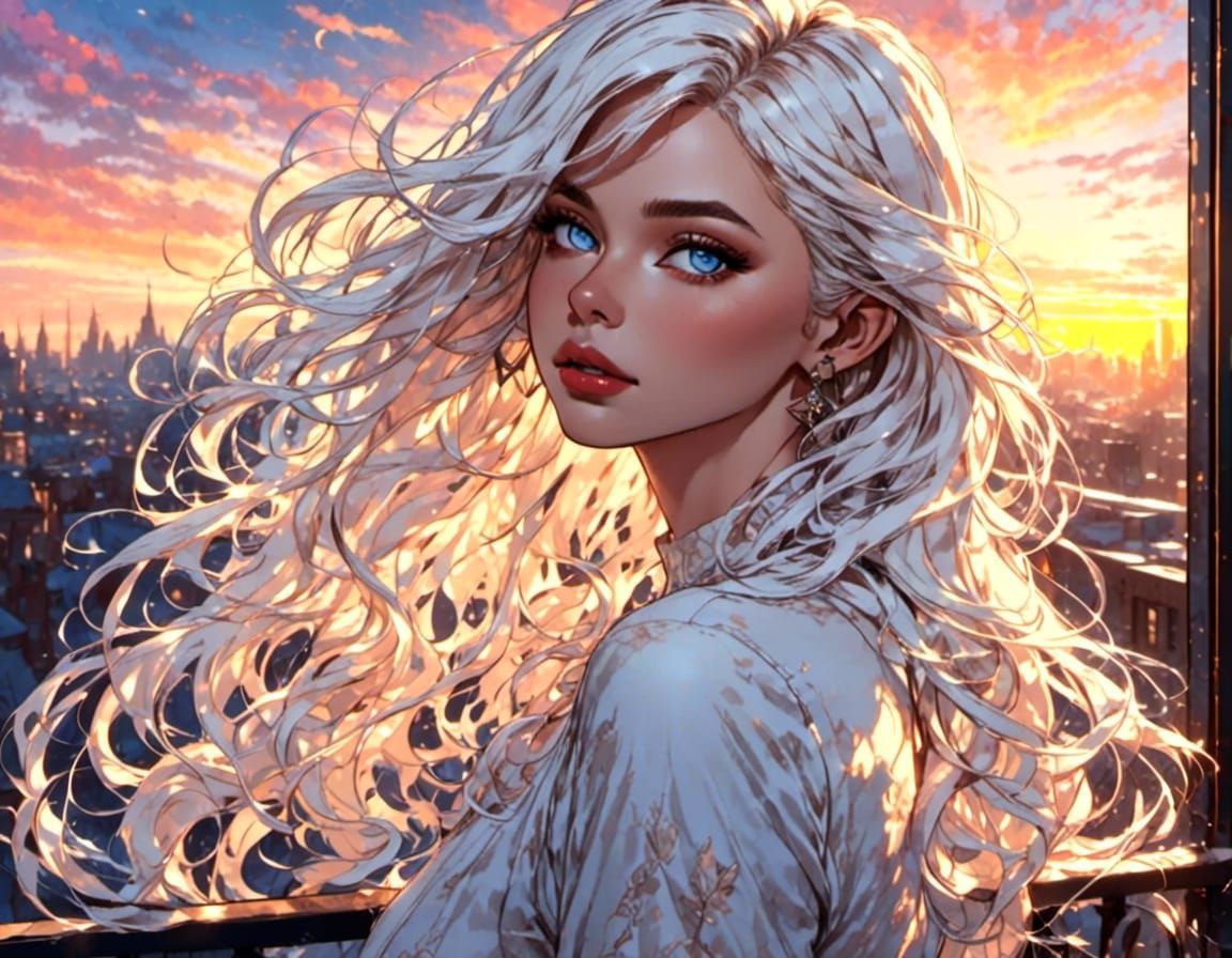 Albino Man Portrait at Sunrise in Anime Style