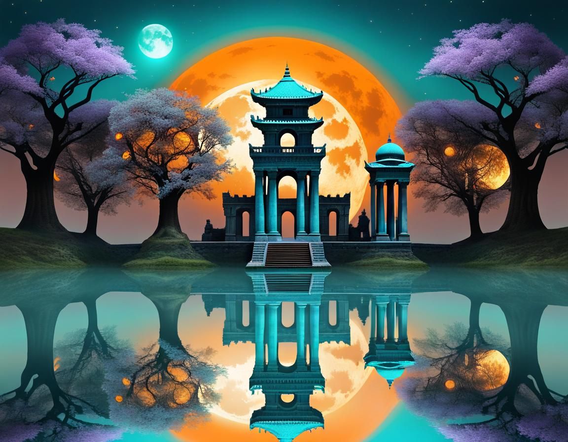 Luminous Temple in Dreamlike Steampunk Landscape at Sunset
