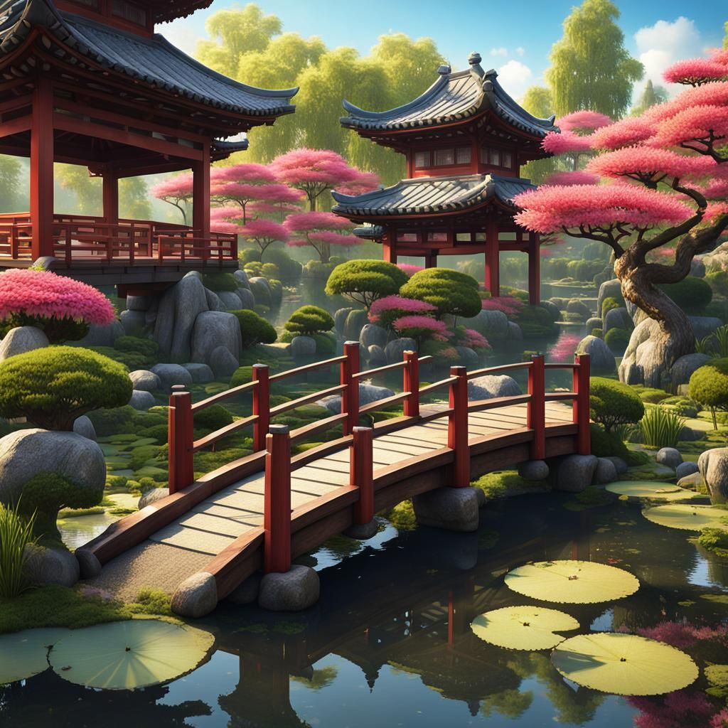 Magnificent Japanese gardens with bonsai trees, a wooden bridge crossing a small pond with water lilies, a walkway in th...