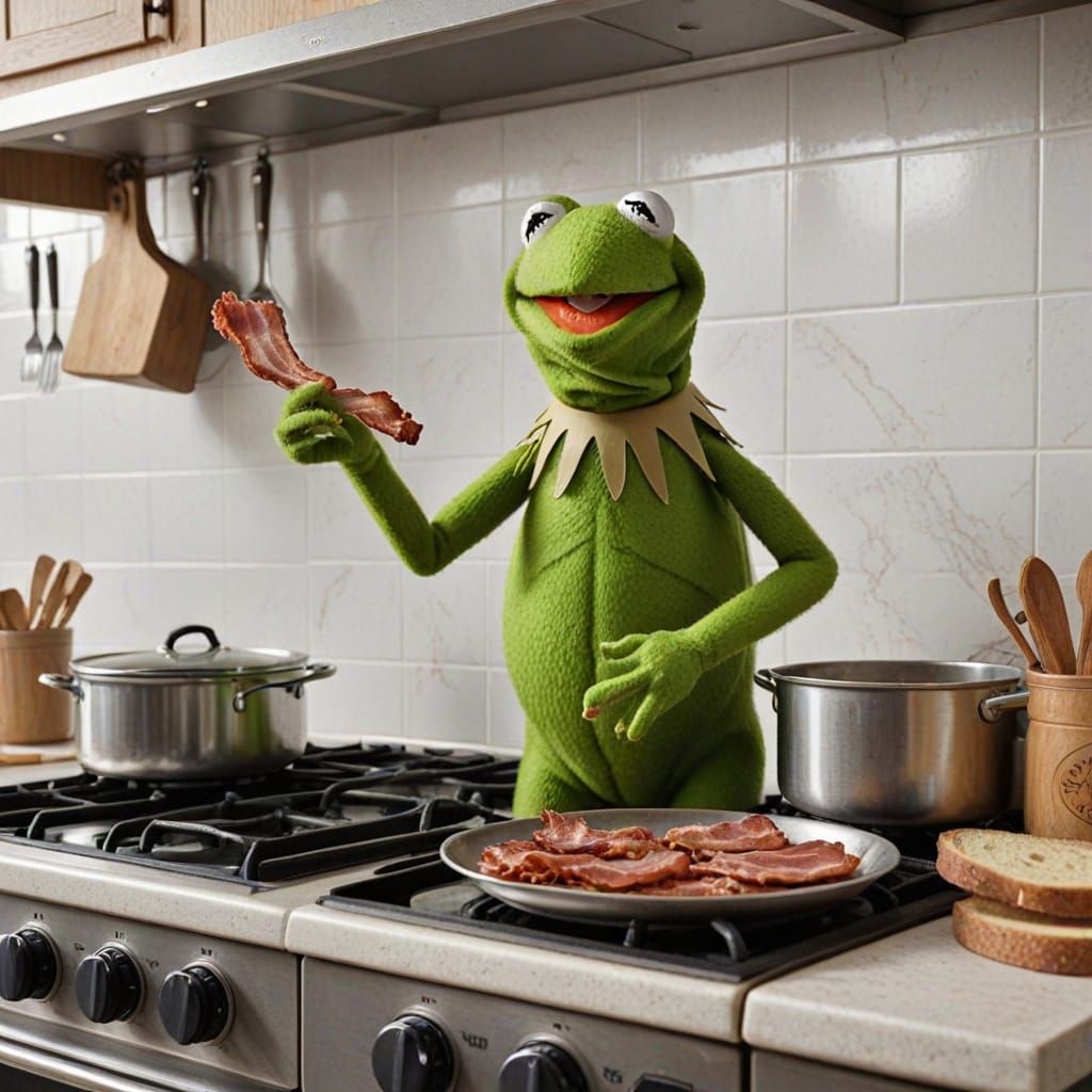 Kermit the Frog Cooks Bacon in Realistic Style