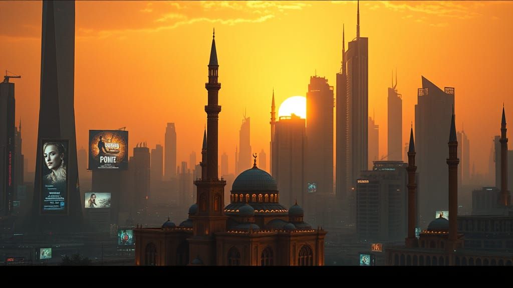 Cyberpunk Islamic Cityscape at Dusk
