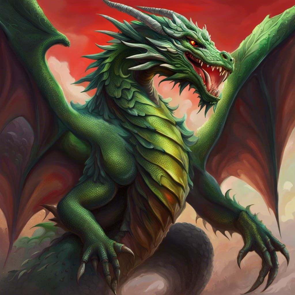 Hyperrealistic Green Dragon with Large Wings and Red Eyes