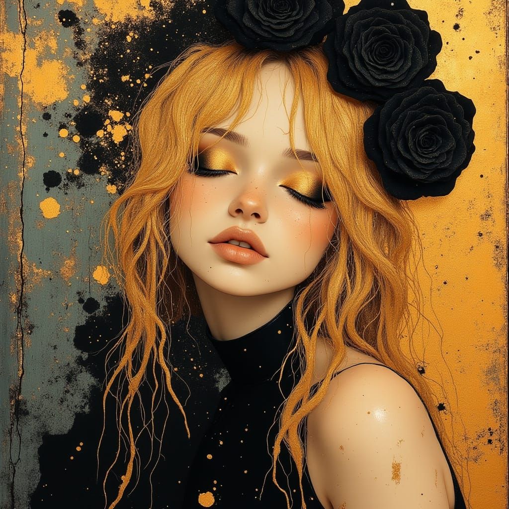Woman with Roses in Hair, Hyperrealistic Portrait