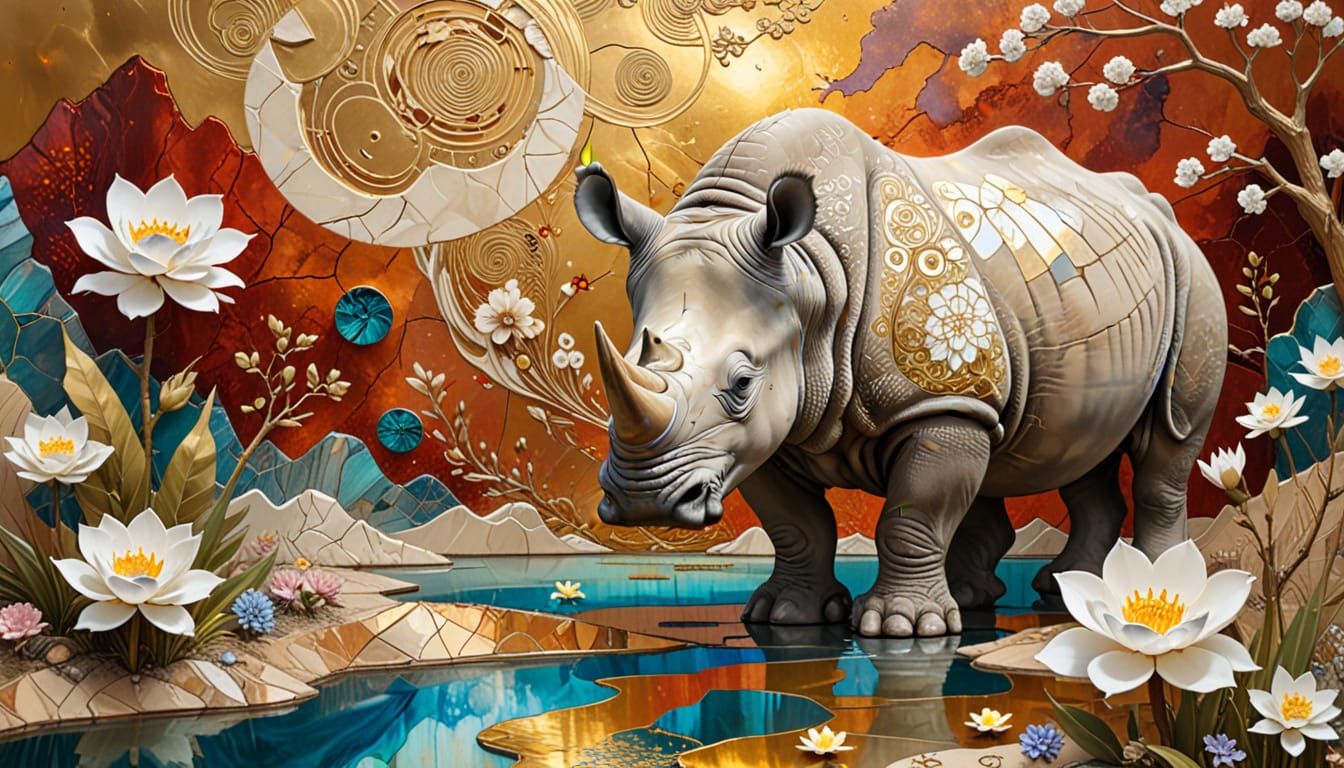 Rhino and Duckling in Surreal Kintsugi Landscape