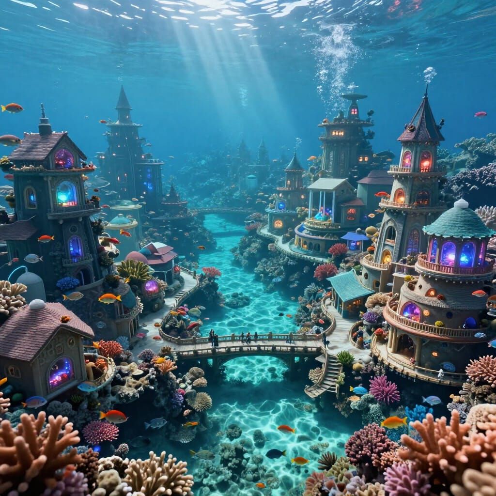 Photorealistic Water City in Ocean Reef with Mystical Lights