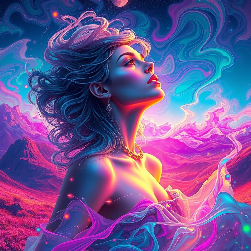 Dreamlike Woman in Iridescent Sci-Fi Landscape