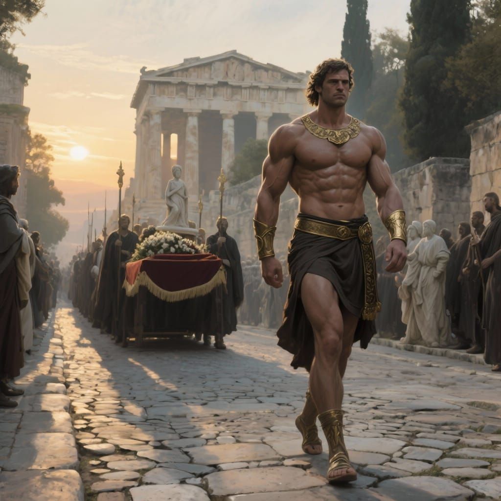 King Theseus Mourns Wife in Ancient Athens at Dawn