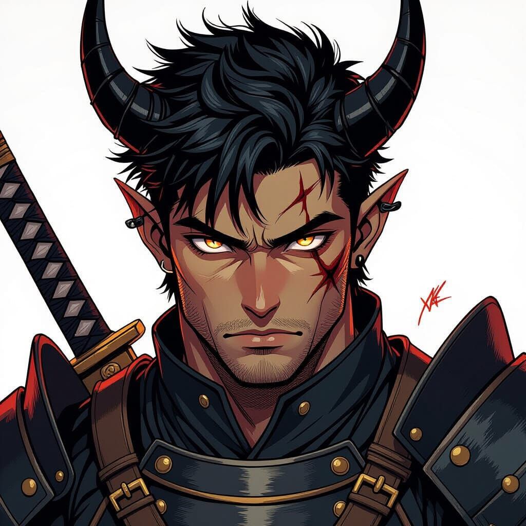 Rugged Tiefling Warrior in Detailed Samurai Armor