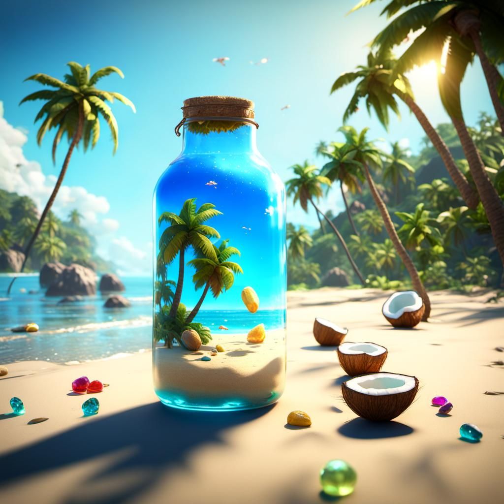 Surreal Beach Scene with Wishing Bottle and Kids Playing