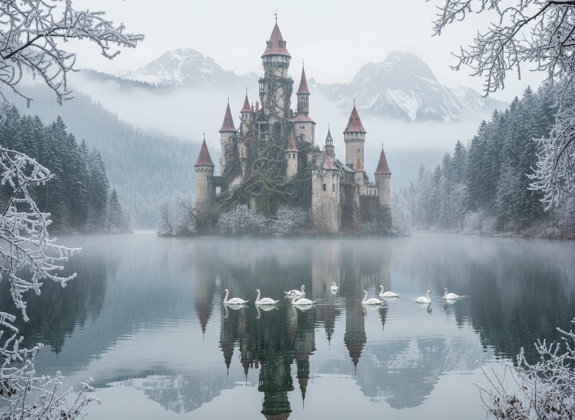 Enchanted Winter Castle Over Misty Bavarian Lake