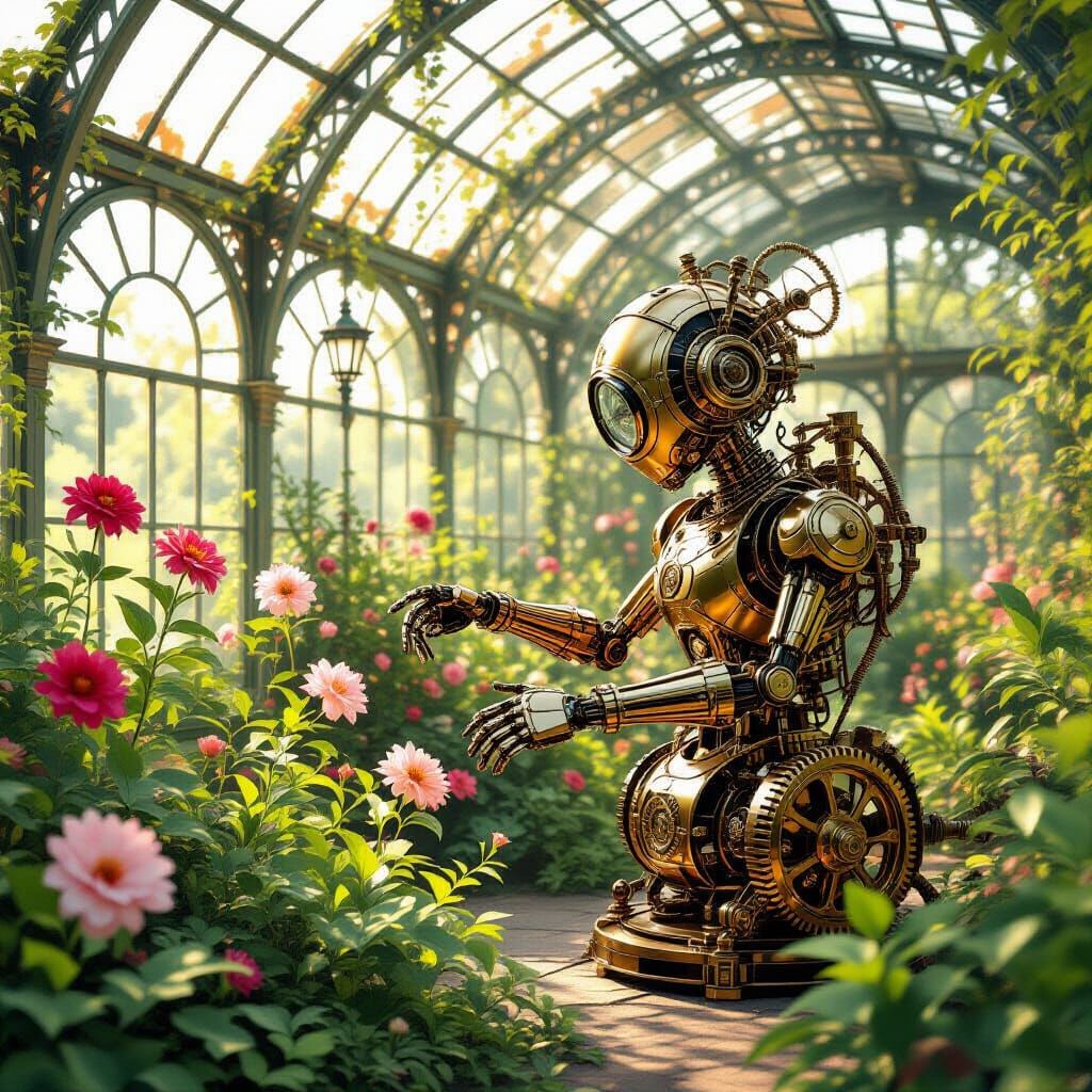 Clockwork Gardener in Victorian Greenhouse, Steampunk Botani...