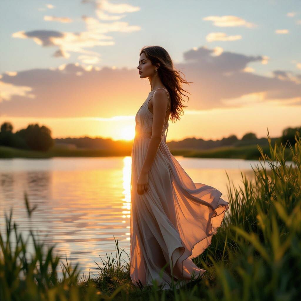 Girl by Water at Sunset in Hyperrealistic Style