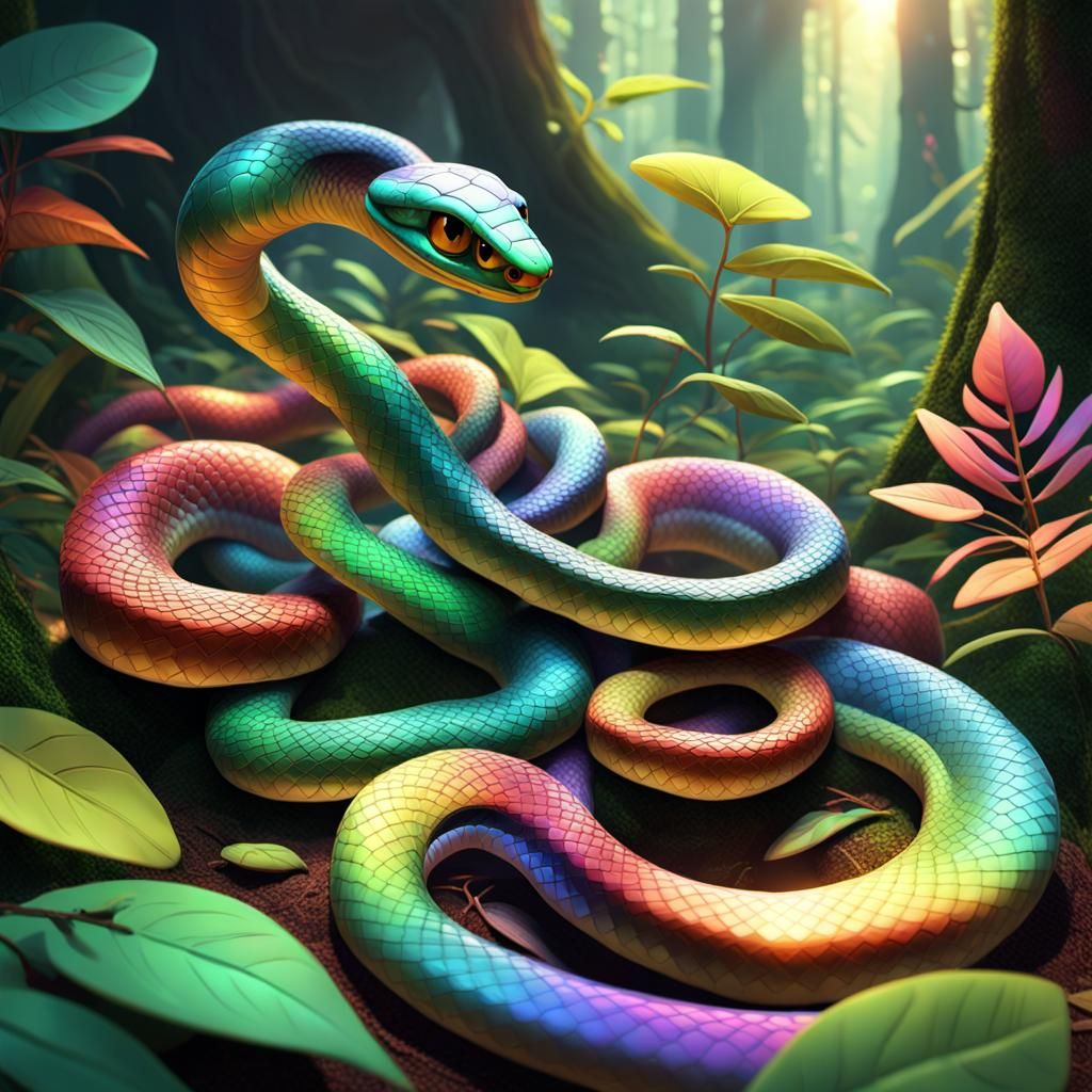 Vibrant Rainbow Serpents Dance in a Radiant Forest