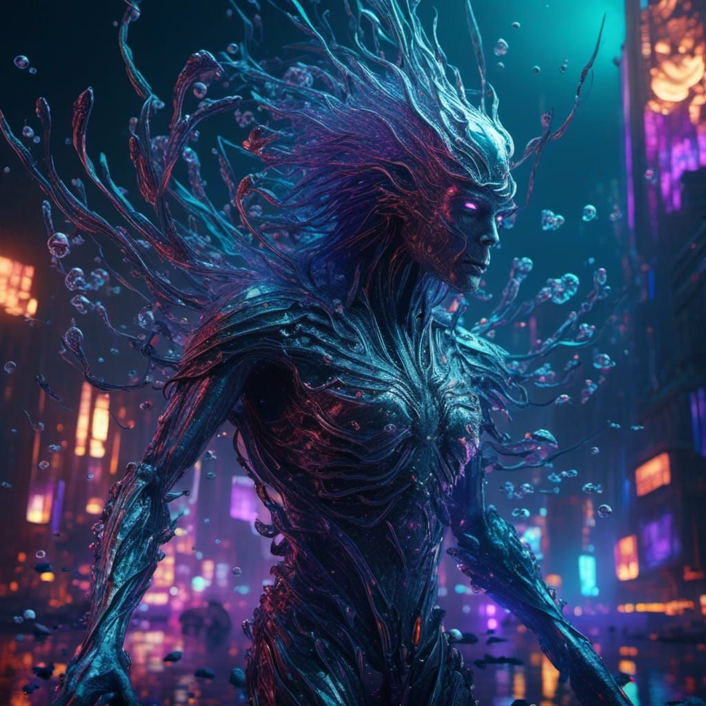 Enigmatic Kraken-Human Hybrid Amidst Bioluminescent Waves