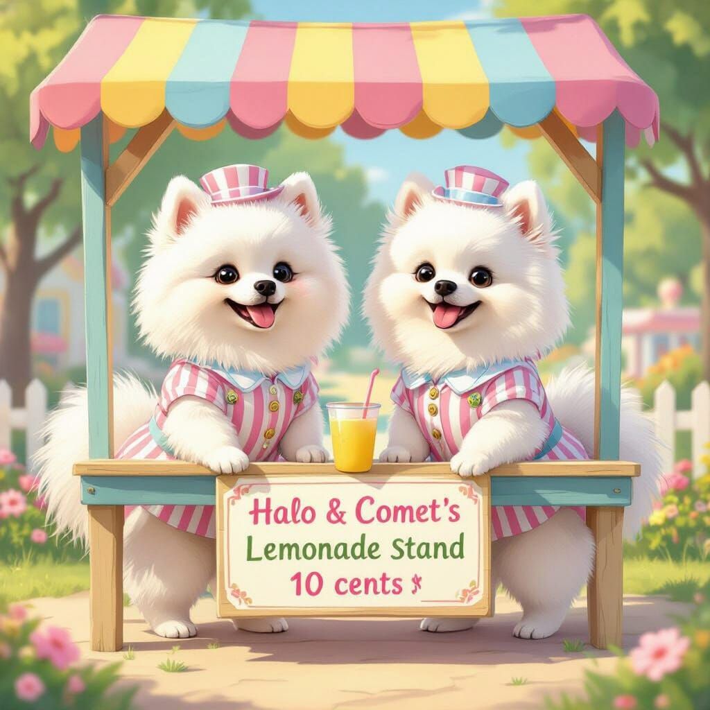 Pomeranians at Candy Land Lemonade Stand in Whimsical Style