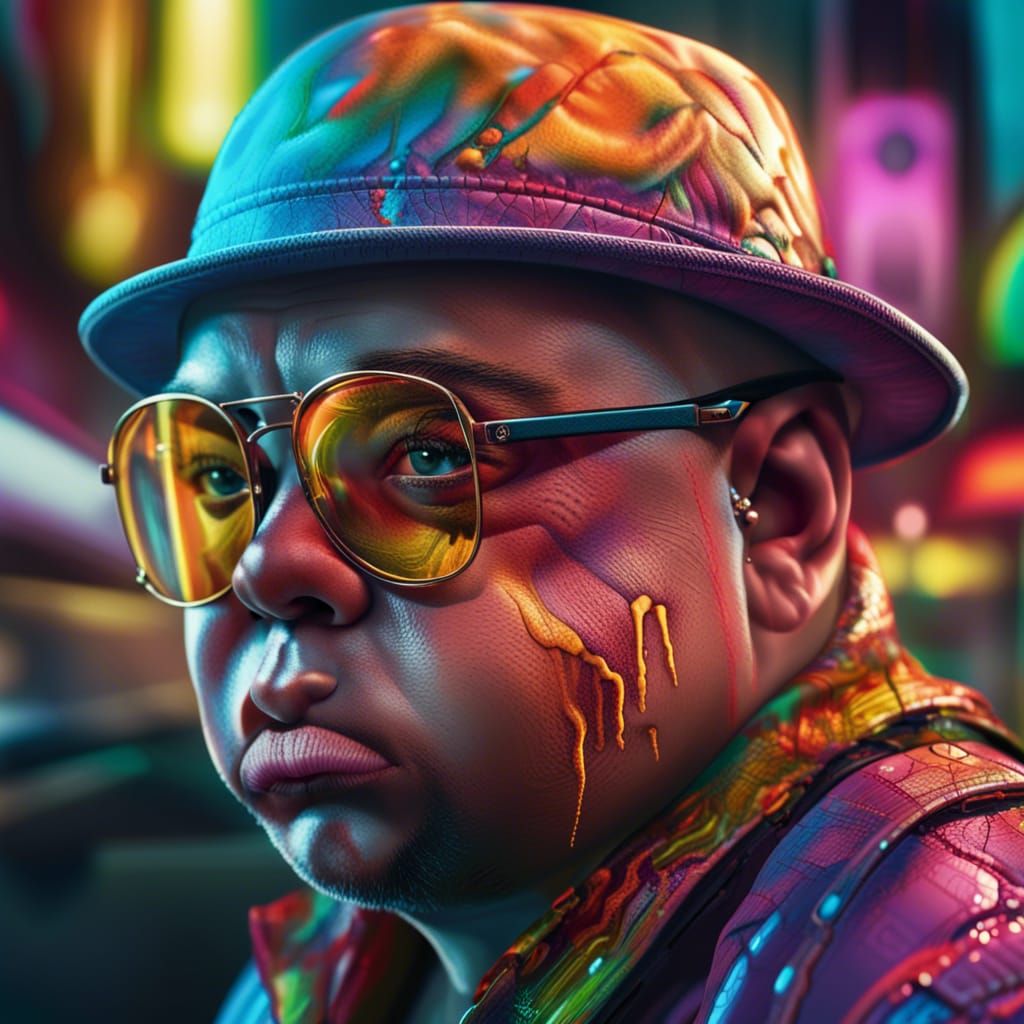 Hyperreal hyperfocus Epic gangster human with Down syndrome in a surreal funny colorful vibrant world cinematic photorea...
